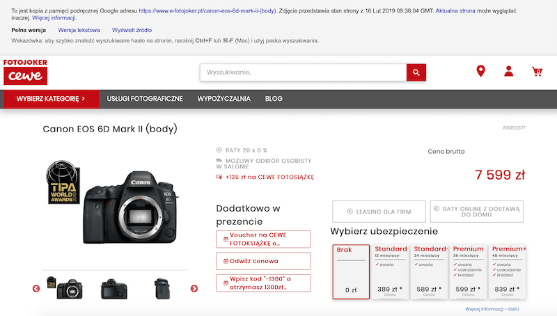 Screenshot strony produktowej aparatu w sklepie fotojoker.pl