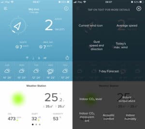 Aplikacja Netatmo - ekran z pomiarami wiatromierza (po lewej). Wyjaśnienie pomiarów (po prawej).