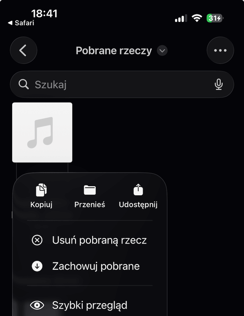 iOS 26 – plik MP3 w aplikacji Pliki, menu z opcją Udostępnij