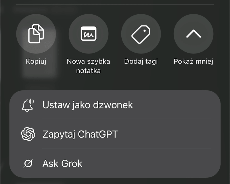 iOS 26 – opcja „Ustaw jako dzwonek” w menu udostępniania