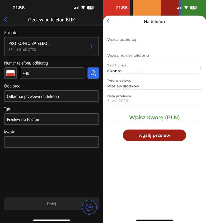 Szybki przelew na telefon BLIK (po lewej aplikacja bankowa PKO BP, po prawej mBank)