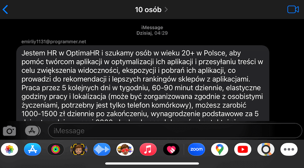 Treść wiadomości spam od rzekomego rekrutera OptimaHR