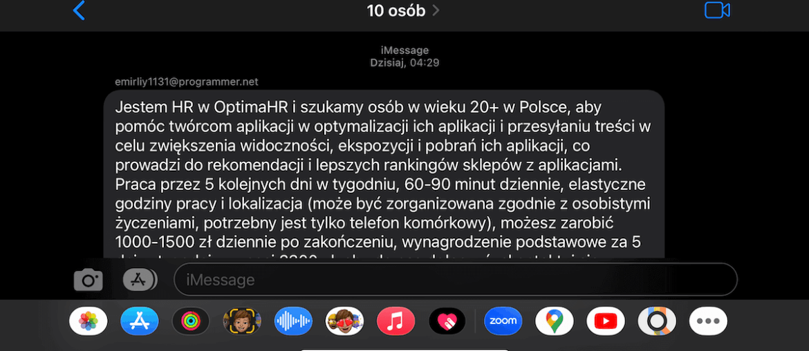 Treść wiadomości spam od rzekomego rekrutera OptimaHR