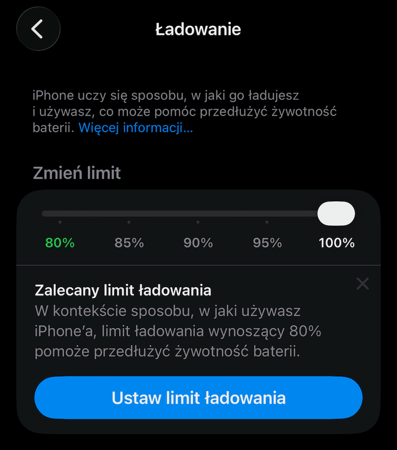 Opcja limitu ładowania baterii (iOS 26, iPhone 15)