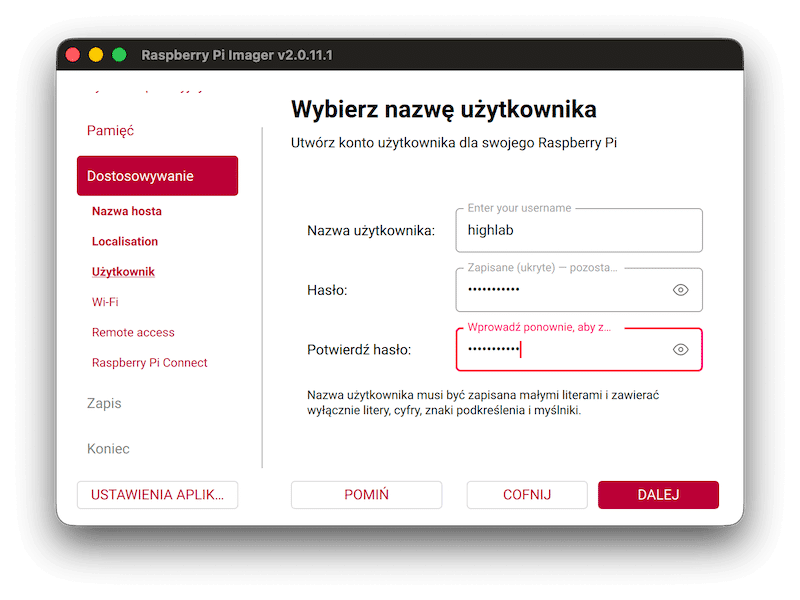 Imager Raspberry Pi - tworzenie użytkownika