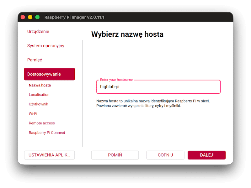 Imager Raspberry Pi - nazwa hosta