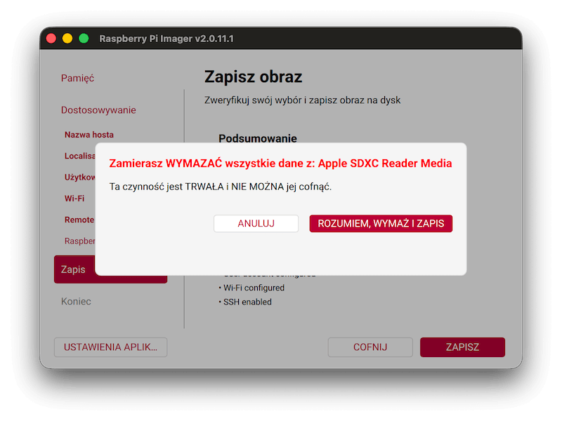 Imager Raspberry Pi - ostrzeżenie o usunięciu całej zawartości na karcie