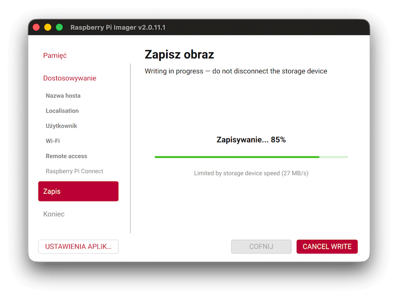 Imager Raspberry Pi - zapis obrazu z paskiem postępu